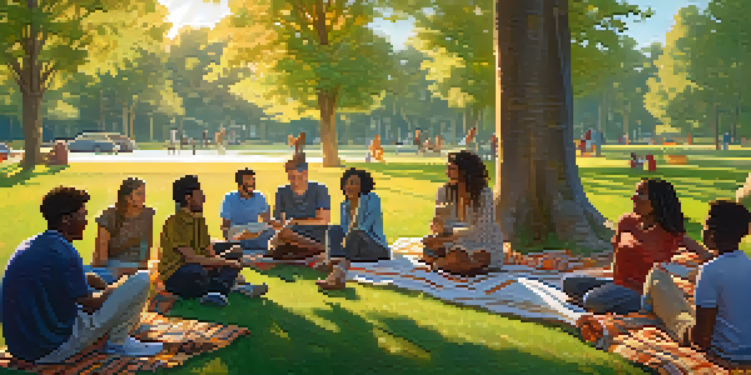 A diverse group of people gathered in a sunny park, sharing stories and enjoying music, creating a sense of community.