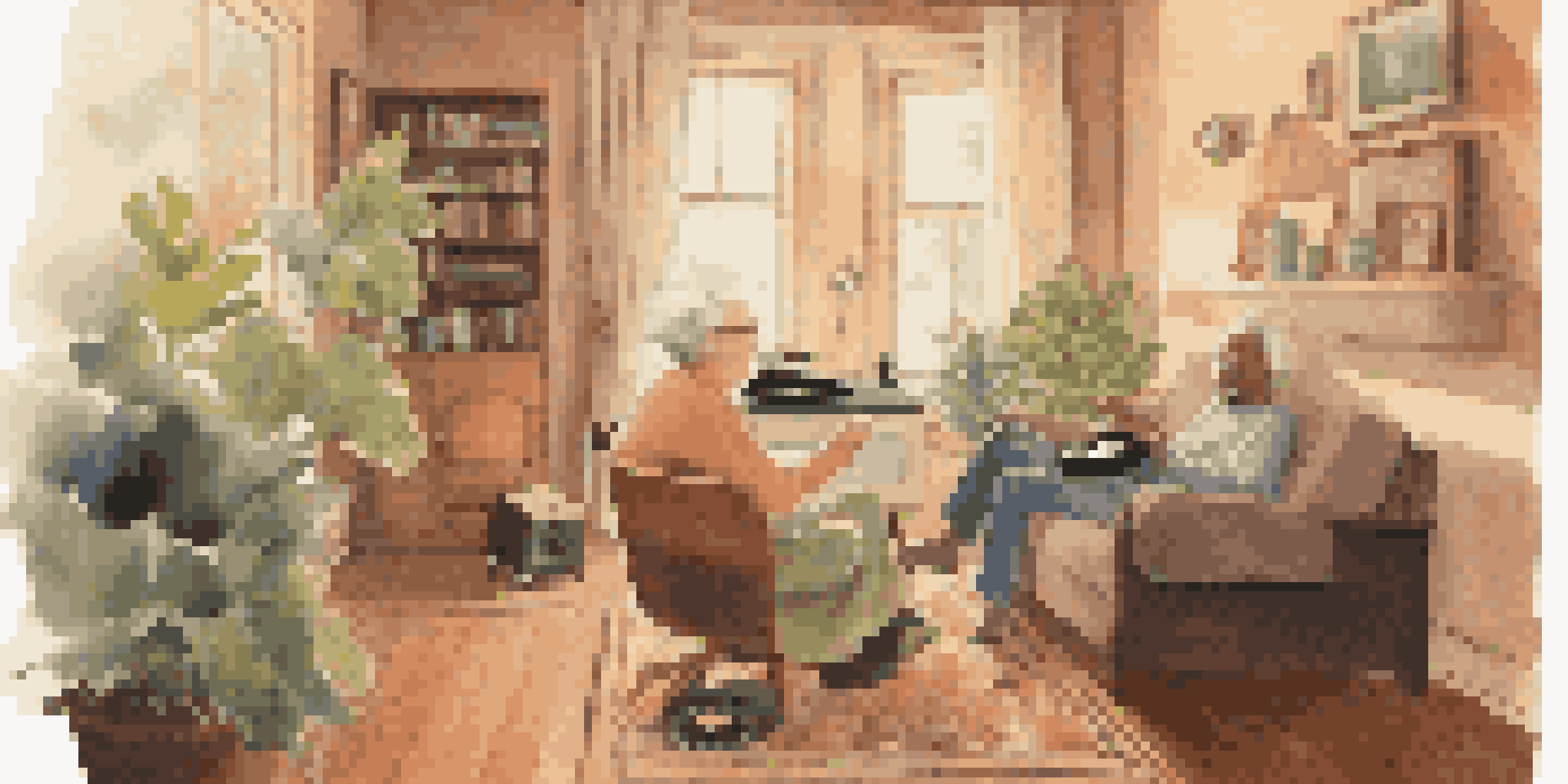 A caregiver and an elderly man enjoying music together in a cozy, warmly lit room with plants and a vintage record player.