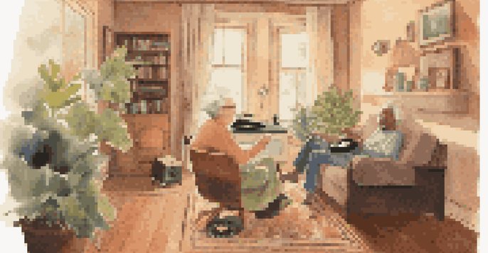 A caregiver and an elderly man enjoying music together in a cozy, warmly lit room with plants and a vintage record player.