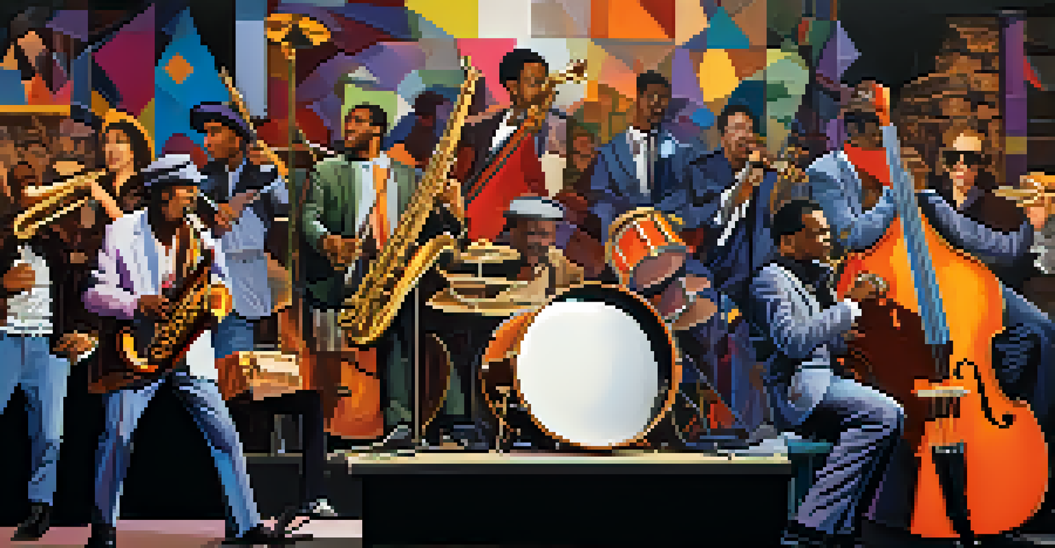 A vibrant collage of music genres featuring a jazz musician, a classical orchestra, and a rock band, each section filled with distinct colors.