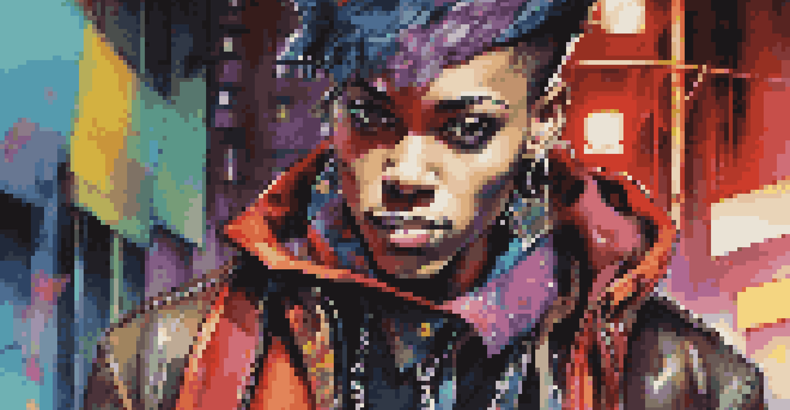 A stylish musician in an androgynous outfit with layered accessories, standing against a colorful urban backdrop of graffiti and city lights.