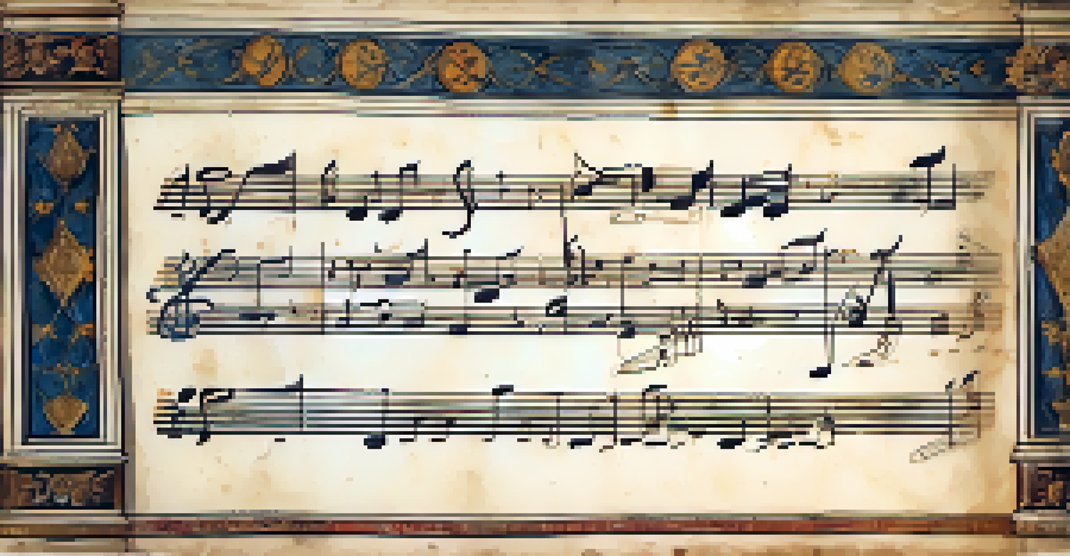 An aged manuscript page with musical notation and illustrations of medieval instruments on decorative parchment.