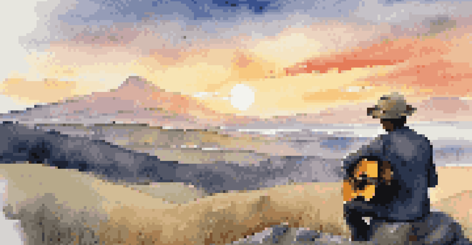 A musician playing a national anthem on a guitar at sunset on a hilltop, with mountains in the background and a peaceful atmosphere.