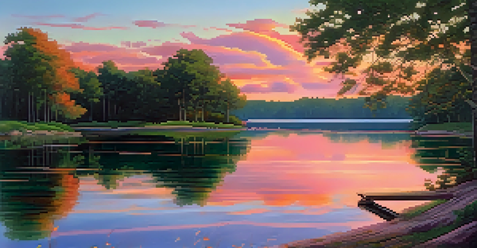 A tranquil lake at sunset with colorful reflections and green trees surrounding it.