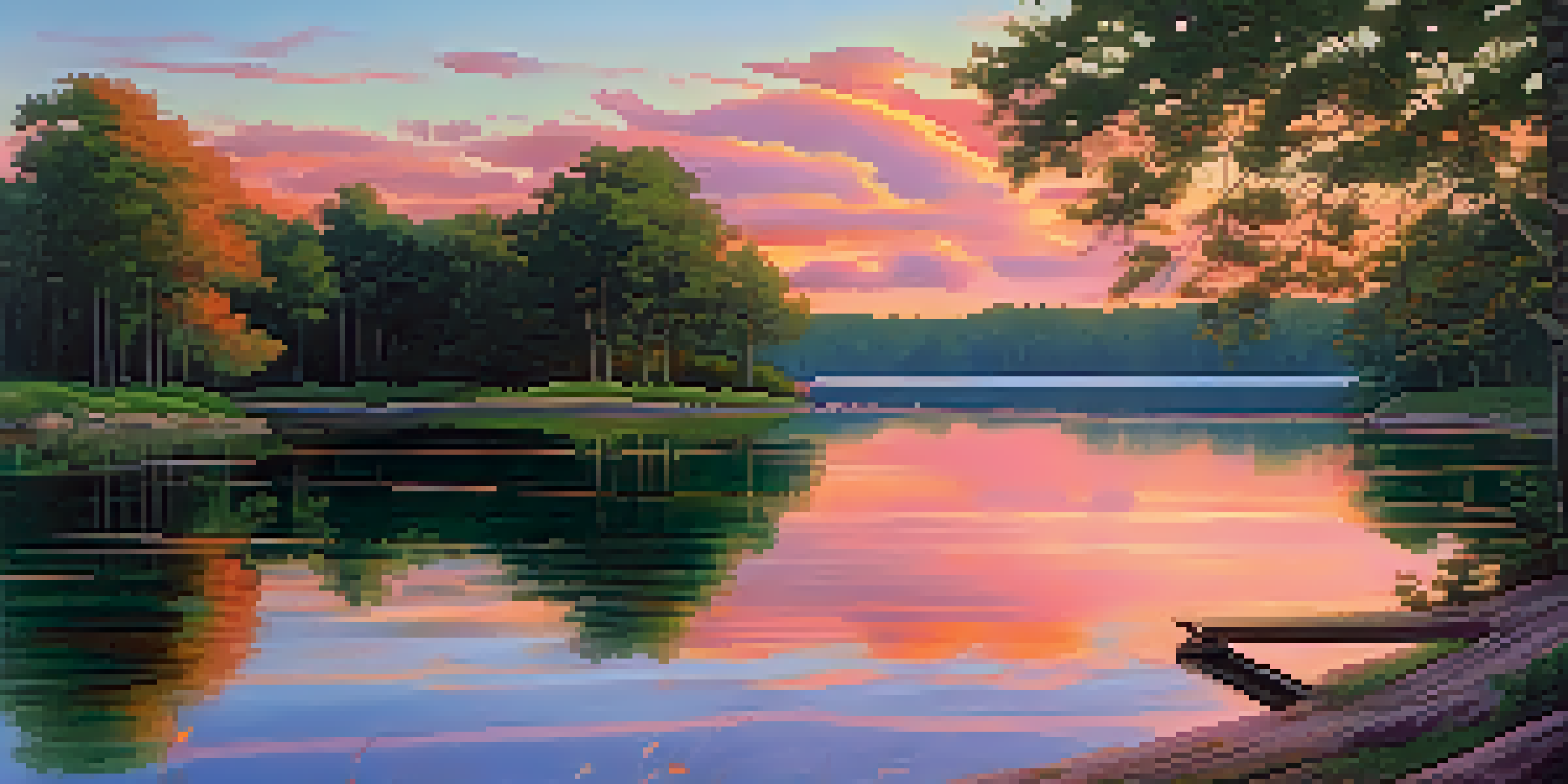 A tranquil lake at sunset with colorful reflections and green trees surrounding it.