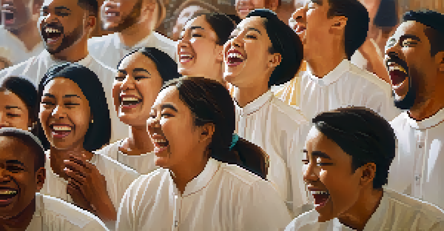 Close-up of choir members laughing and bonding during rehearsal, showcasing their diverse cultural attire and joyful expressions.