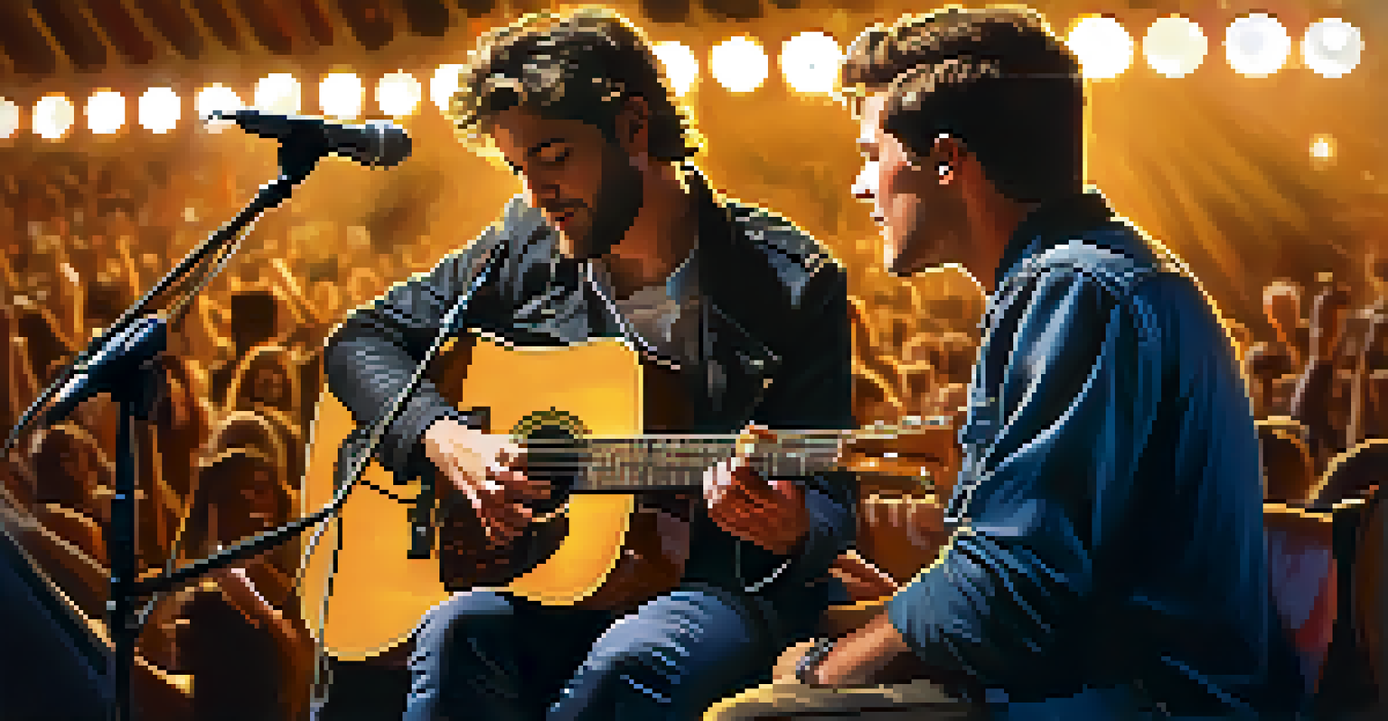 A close-up of a passionate musician playing an acoustic guitar on stage with warm lights and an engaged audience in the background.