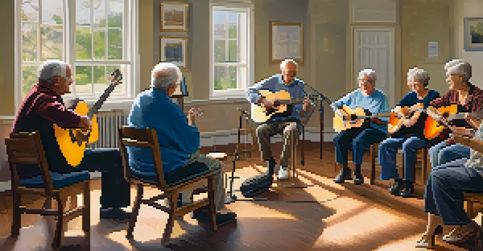 Seniors engaging in a music therapy session, sitting in a circle while a therapist plays guitar in a cozy, softly lit room.