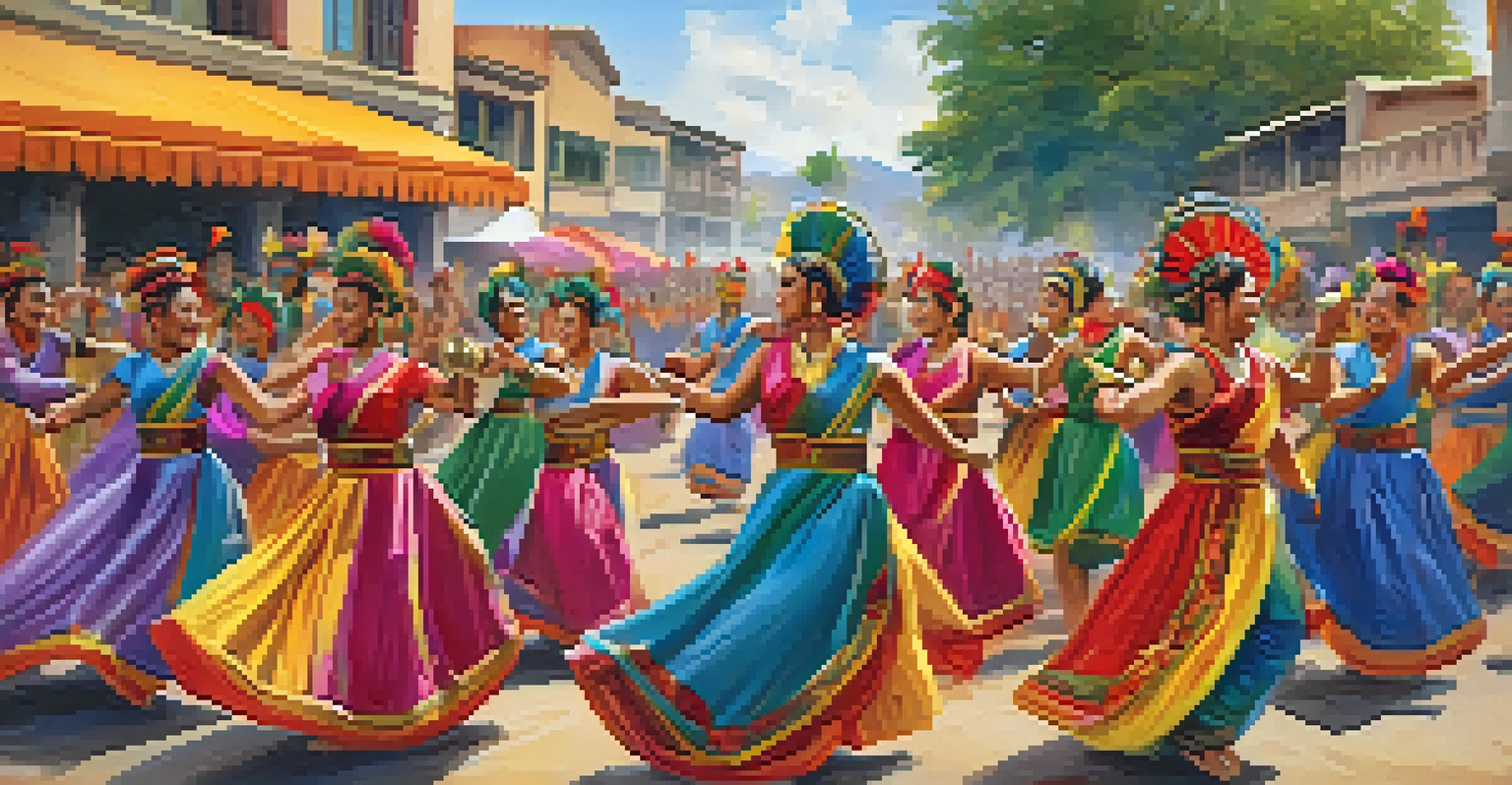 A cultural festival with performers in vibrant costumes playing instruments and dancing in front of an enthusiastic audience.
