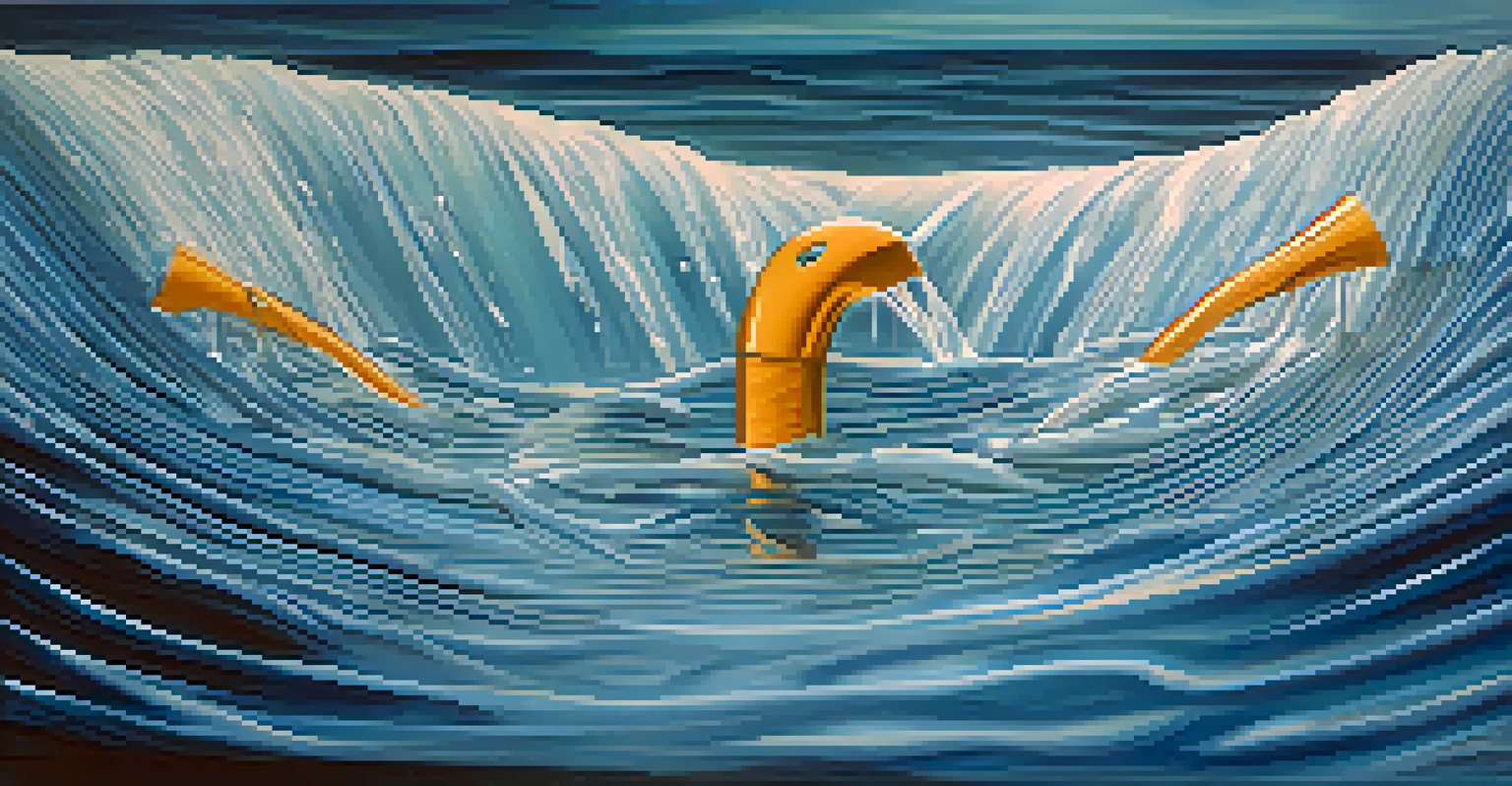 An artistic representation of vocal cords as a musical instrument surrounded by flowing water to symbolize hydration.