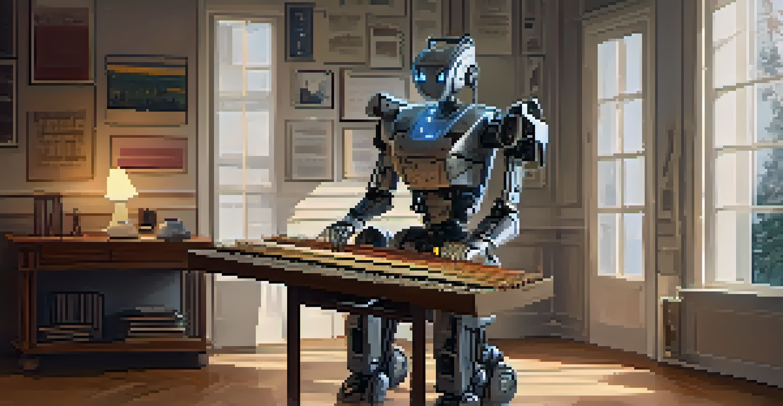 A robotic musician playing a marimba in a cozy room filled with music-related decor.