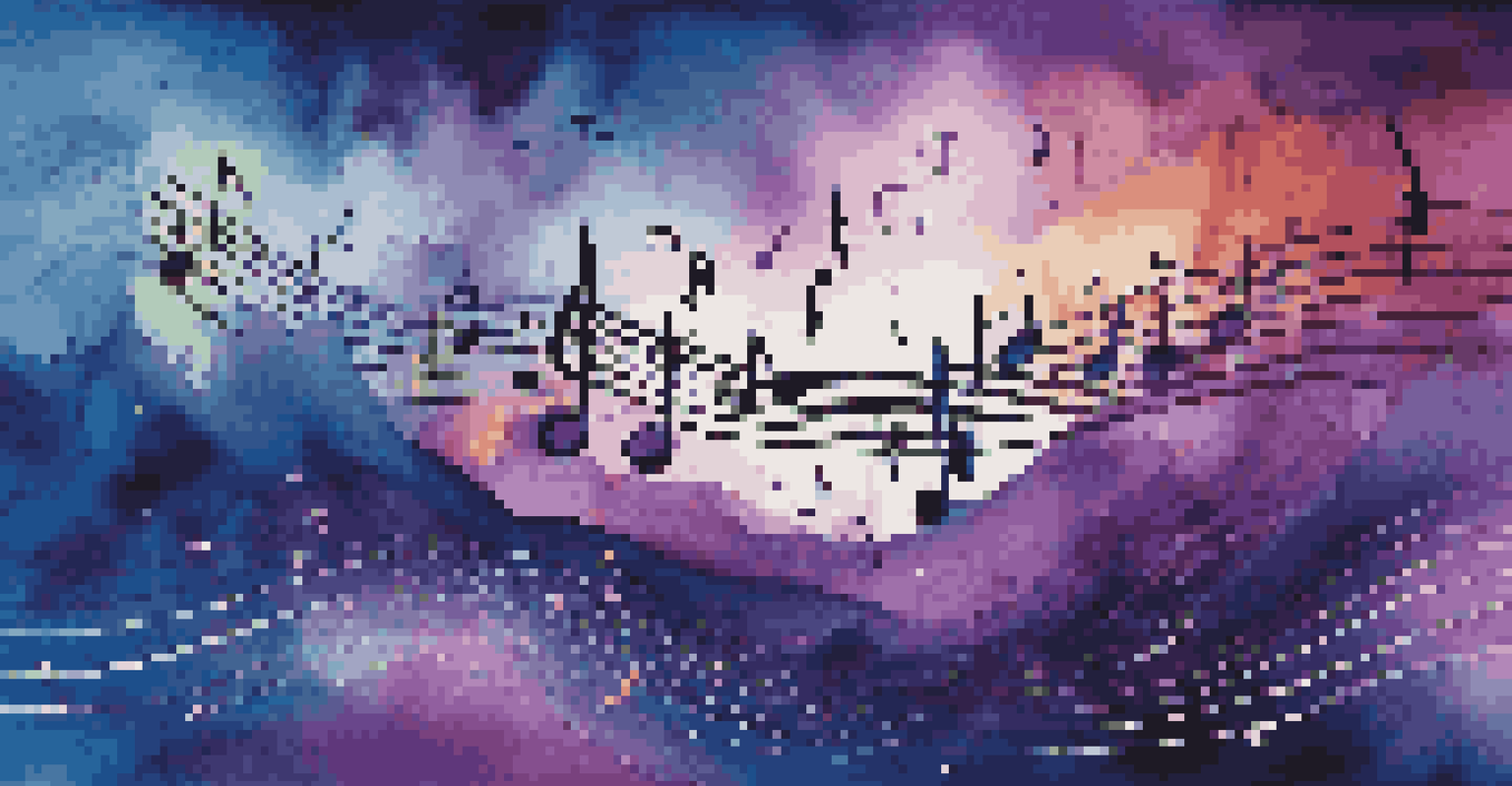 An artistic visualization of sound waves and musical notes in a digital landscape, featuring a gradient of blues and purples with neon accents.