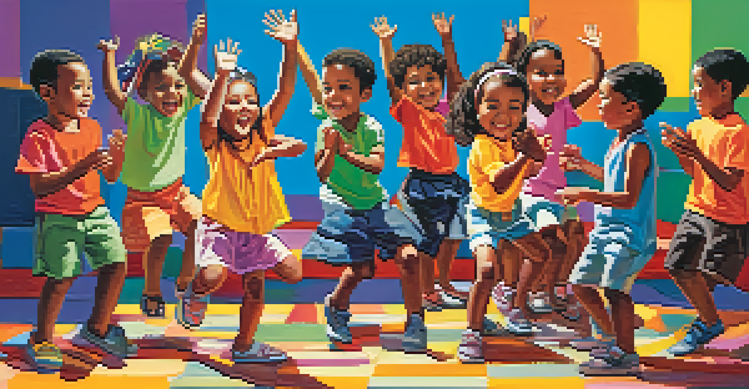 A close-up of children clapping and tapping to music, with focused expressions and various musical instruments around them, set against a colorful background of musical notes.