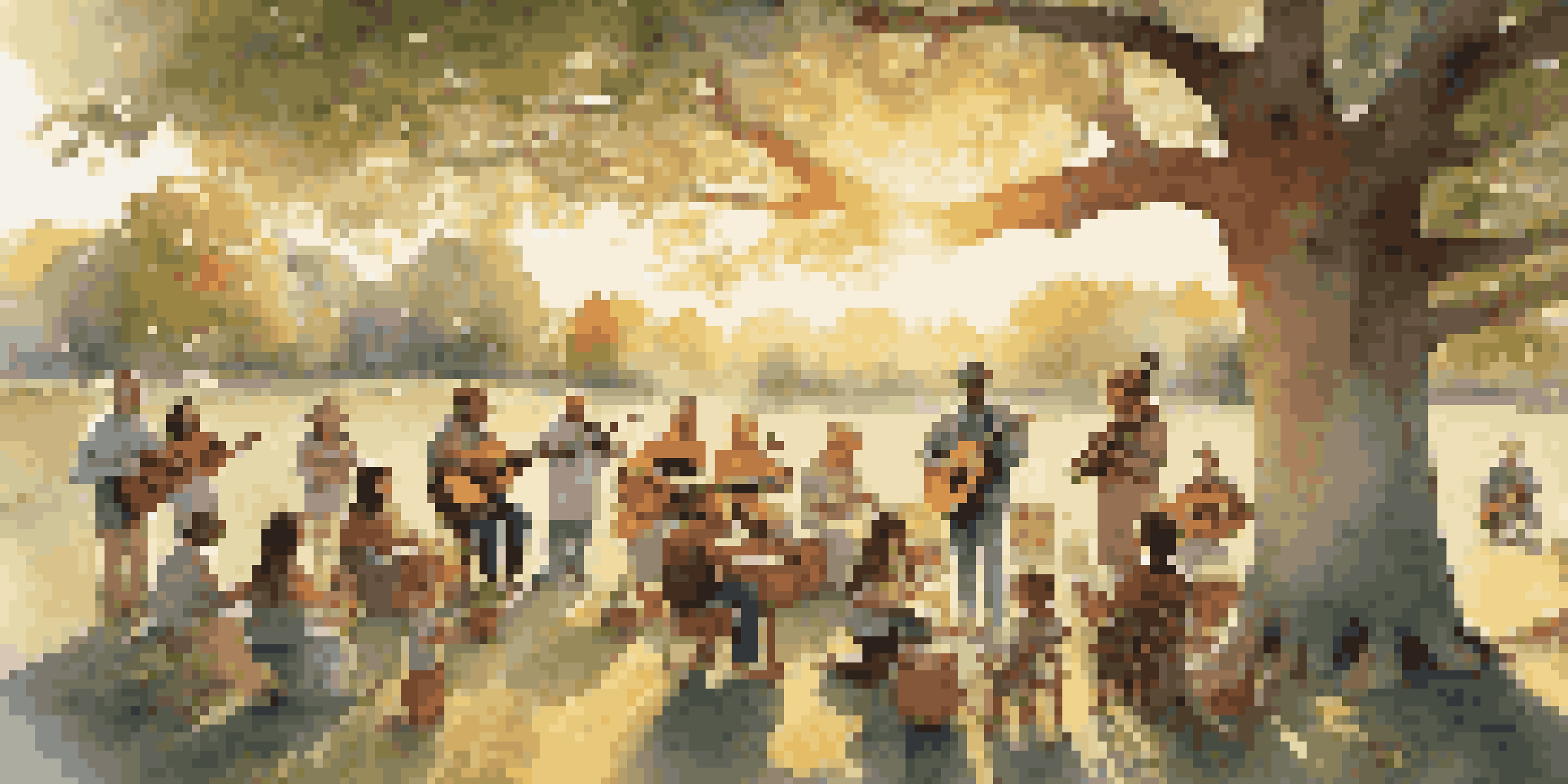 A group of people of different ages singing together under an oak tree during sunset, with musical instruments around them.