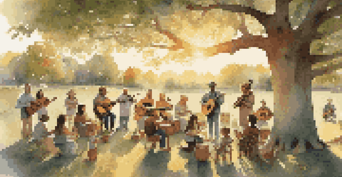 A group of people of different ages singing together under an oak tree during sunset, with musical instruments around them.
