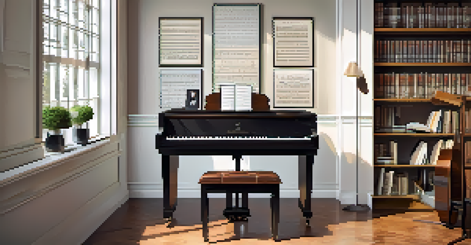 An organized vocal practice space with music sheets, a piano, and a metronome, illuminated by natural light and decorated with inspirational quotes.