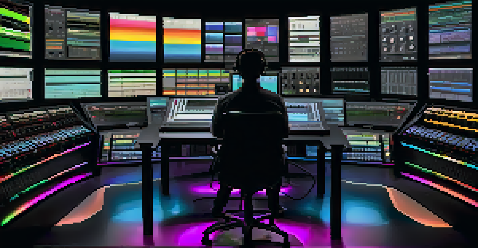 A sound designer in a high-tech studio mixing audio tracks with colorful LED lights.