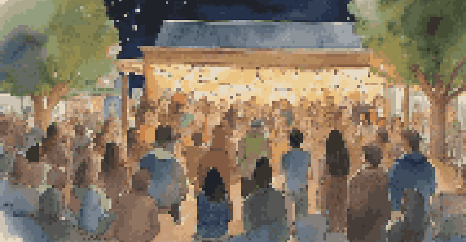 An immigrant artist performing at an open mic night in front of an engaged audience under fairy lights.