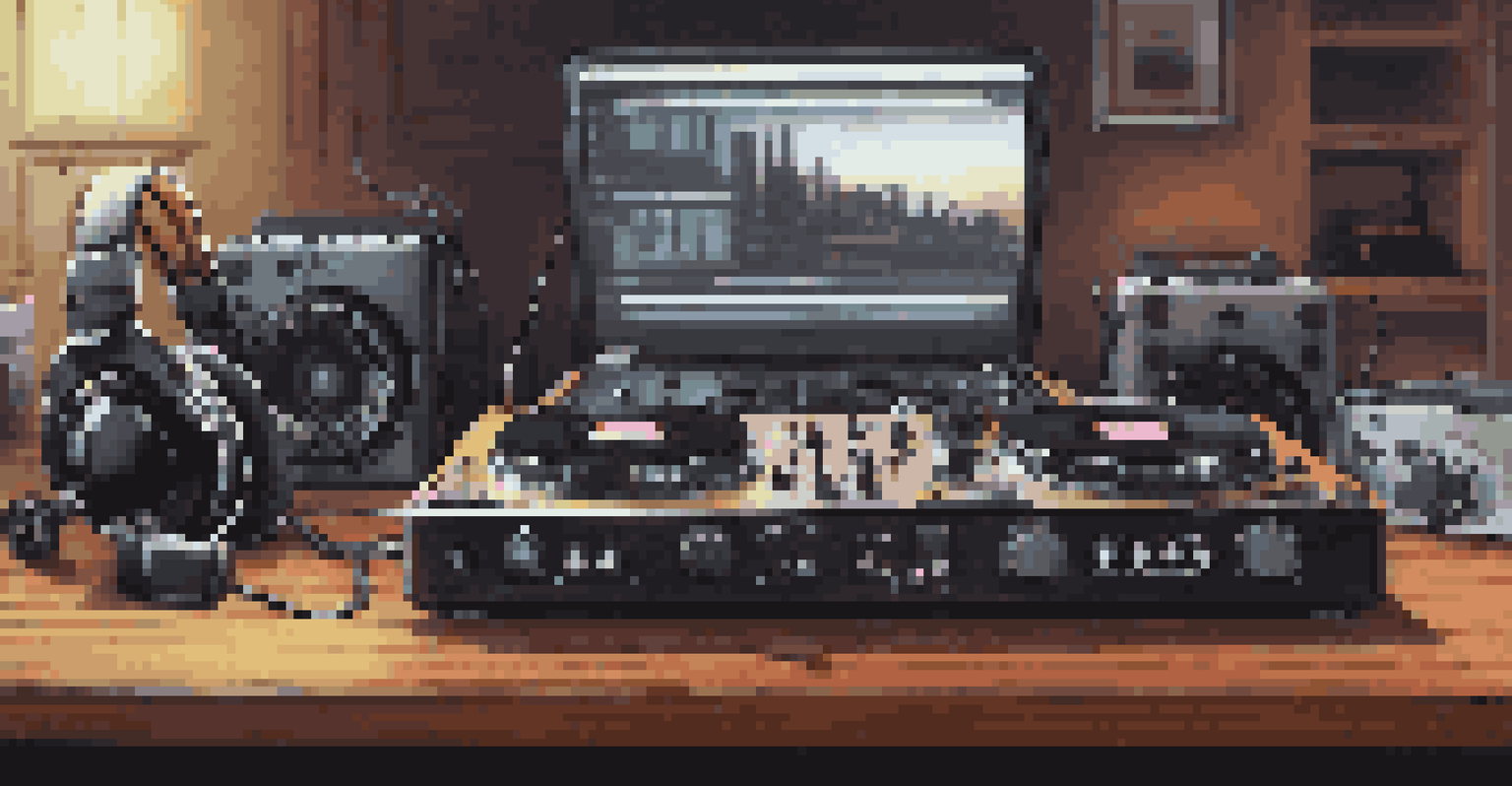 A collection of DJ hardware including turntables, headphones, and a mixer arranged on a wooden table with soft ambient lighting.