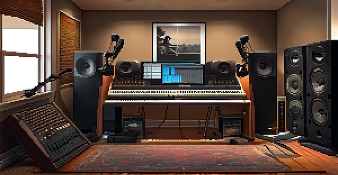 A warm and inviting home recording studio with acoustic panels, instruments, and a computer setup for music production.