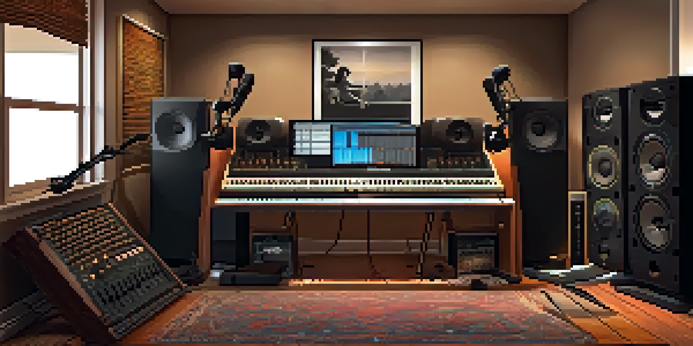 A warm and inviting home recording studio with acoustic panels, instruments, and a computer setup for music production.