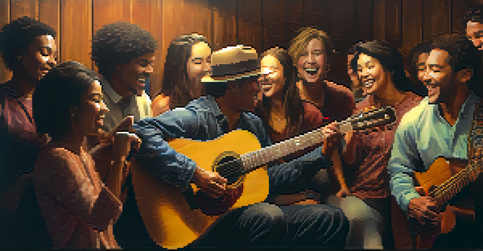 Hands strumming a guitar with a group of people singing together in a warm, inviting setting.