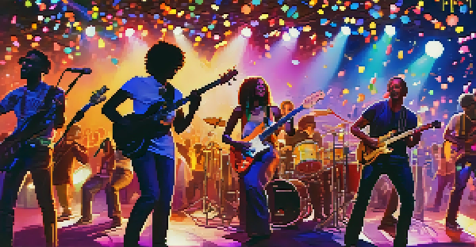 A lively concert with diverse musicians on stage and an engaged audience, celebrating inclusivity through music.