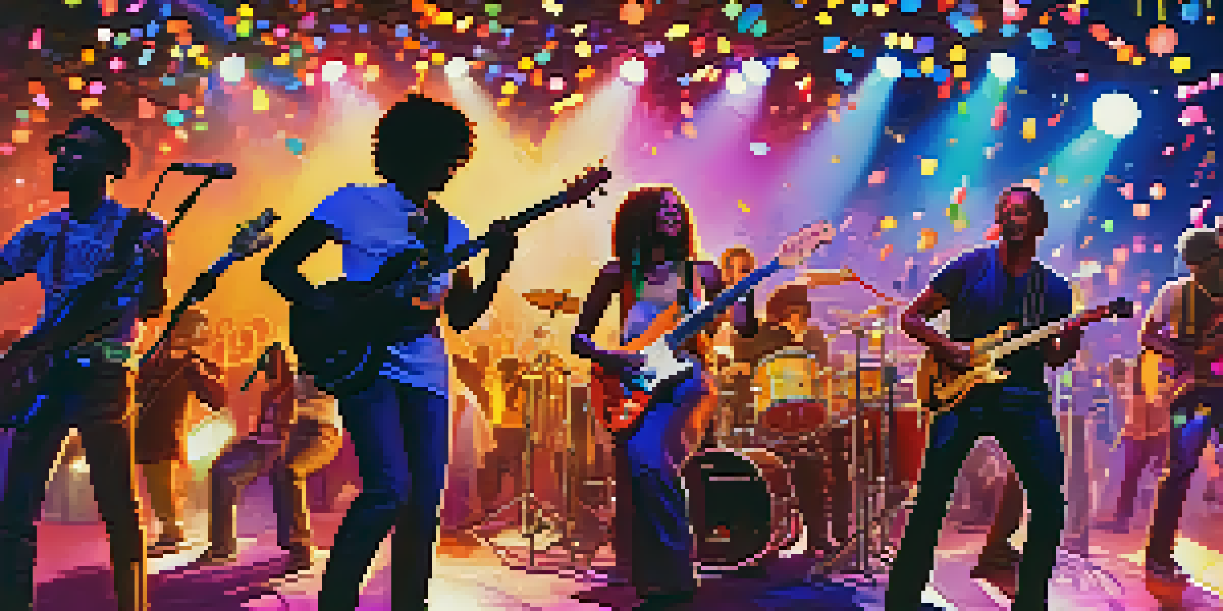 A lively concert with diverse musicians on stage and an engaged audience, celebrating inclusivity through music.