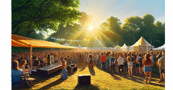 Outdoor music festival with artists on stage, surrounded by greenery and attendees wearing eco-friendly merchandise under a sunset.