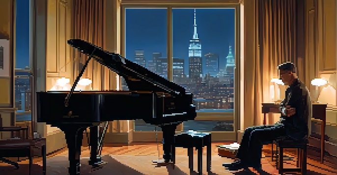 A film composer at a grand piano in a studio, creating music with instruments and sheet music around them, illuminated by warm lighting.
