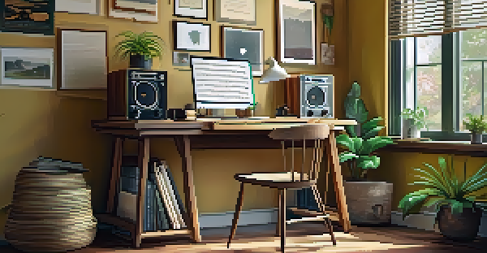 A study room with a wooden desk, books, a laptop, and a record player, illuminated by warm natural light.