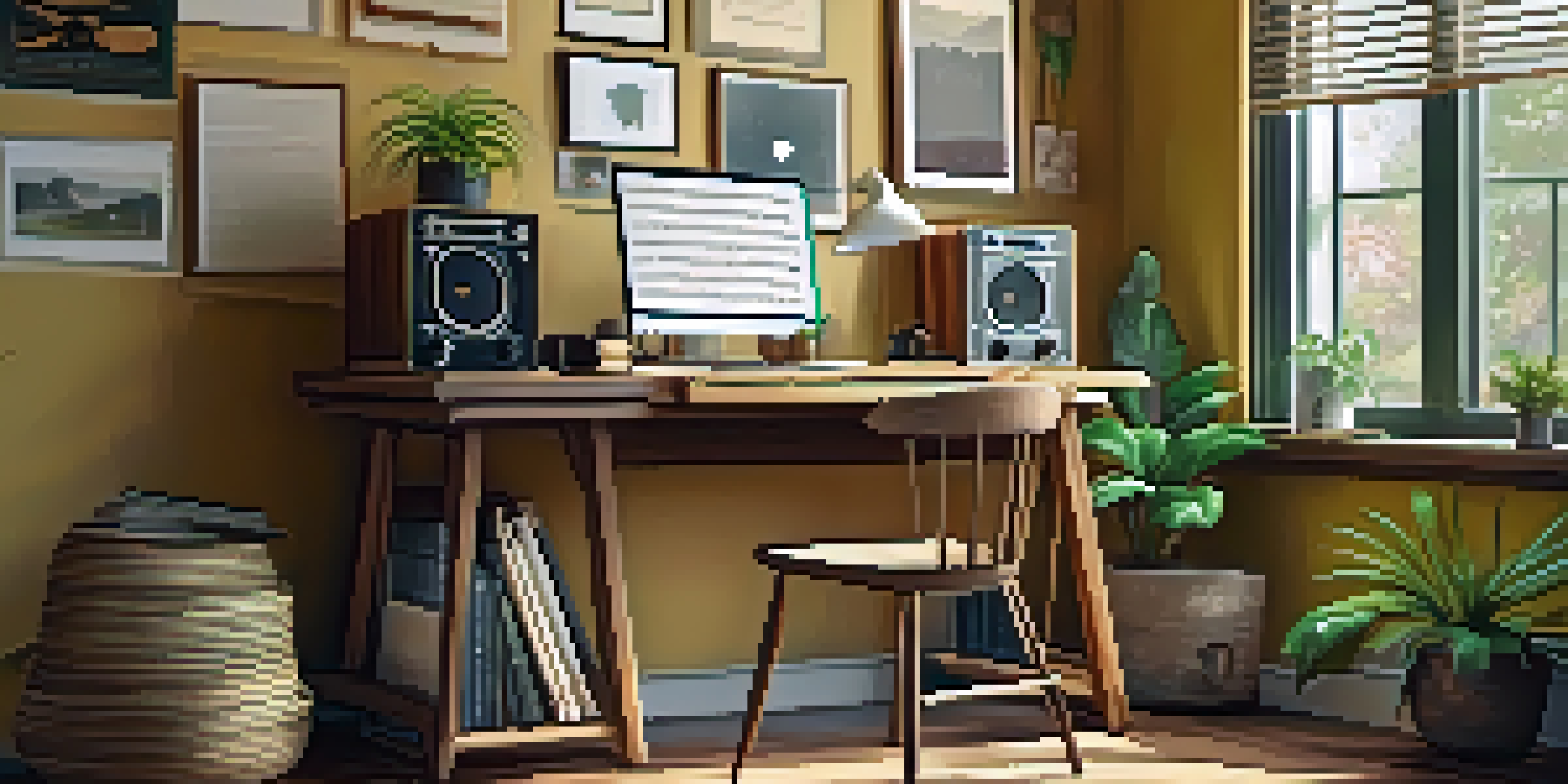 A study room with a wooden desk, books, a laptop, and a record player, illuminated by warm natural light.