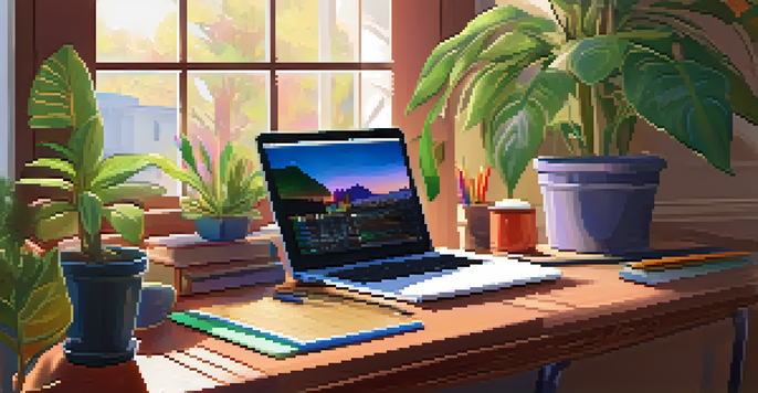 A warm and inviting study area with a wooden desk, an open notebook, colorful pens, a laptop displaying a playlist, and sunlight streaming through a window.