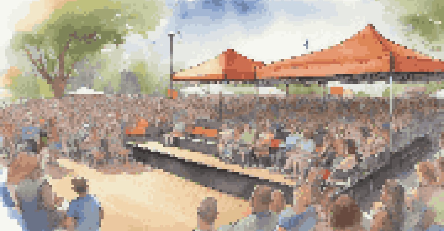 An accessible viewing area at a music festival with raised platforms for attendees with disabilities, sign language interpreters on stage, and staff assisting festival-goers.