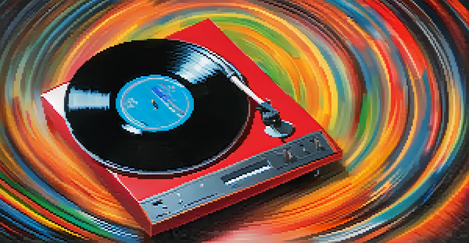 A close-up of a vinyl record on a turntable, with colorful sound waves around it, creating a nostalgic atmosphere.