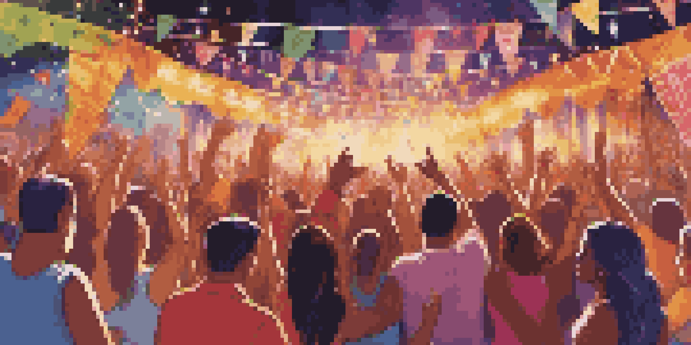 A lively scene from a Latin music festival with a diverse crowd dancing and a performer on stage amidst colorful lights and decorations.