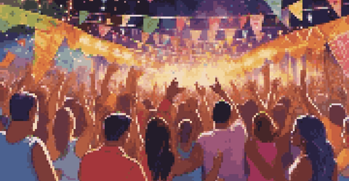 A lively scene from a Latin music festival with a diverse crowd dancing and a performer on stage amidst colorful lights and decorations.