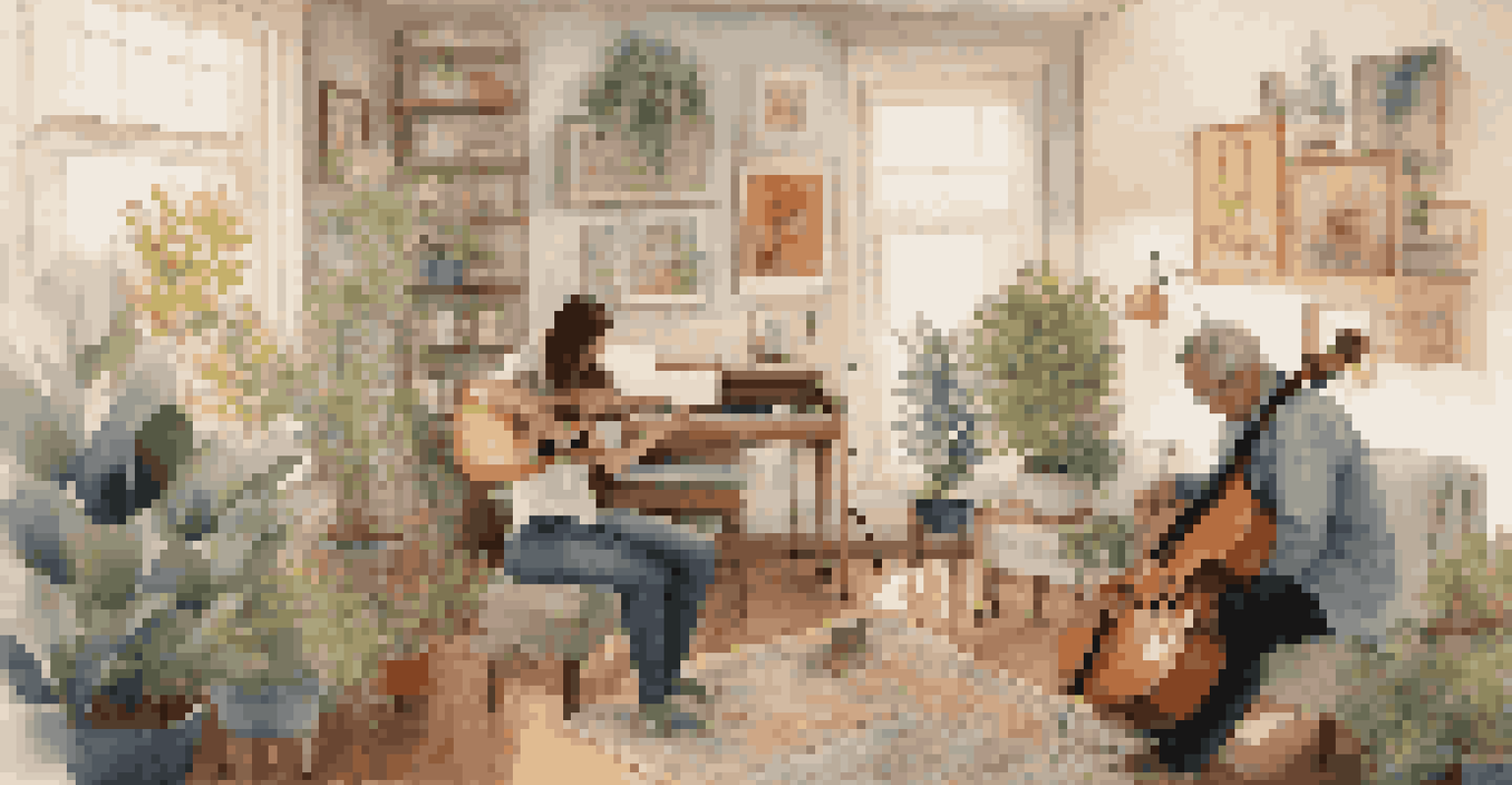 A music therapy session in a cozy room with a therapist and a patient surrounded by musical instruments and soft lighting.