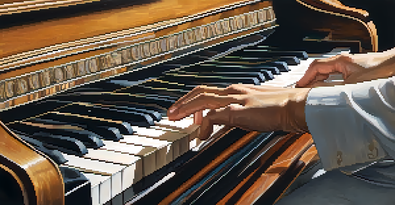 Close-up of a musician's hands playing a piano with sheet music, showcasing the connection between music and cognition.