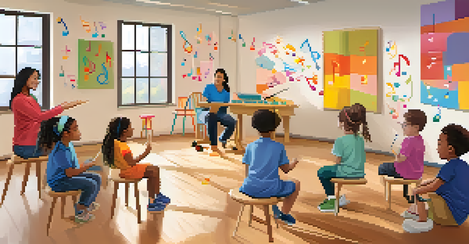 A music therapy session with a therapist and children with special needs engaging in rhythmic clapping in a warm, decorated room.