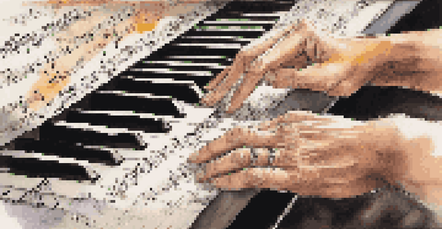 Close-up of hands playing a keyboard with handwritten lyrics and notes around, in a warm and inviting music therapy environment.