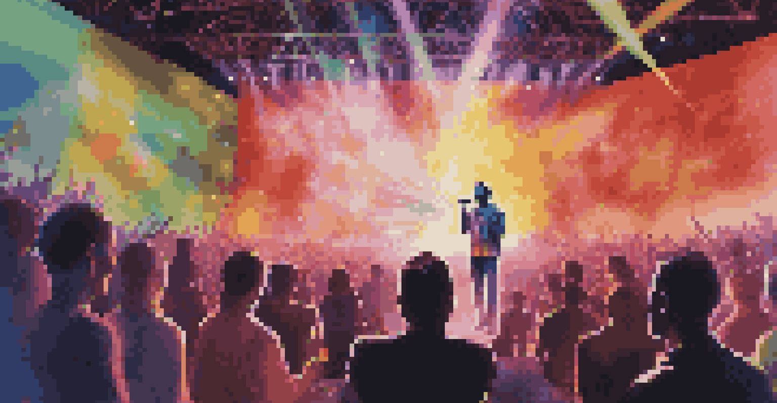 An artist on stage performing with an AI-generated light show in the background, captivating the audience with colorful visuals.