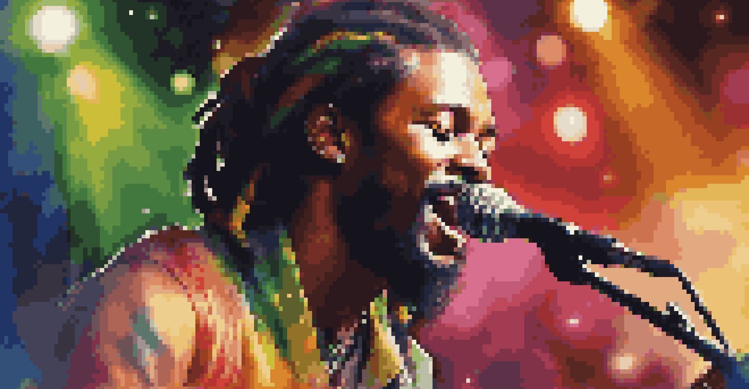 A close-up of a reggae musician passionately playing an acoustic guitar on stage with colorful lights and a swaying audience in the background.