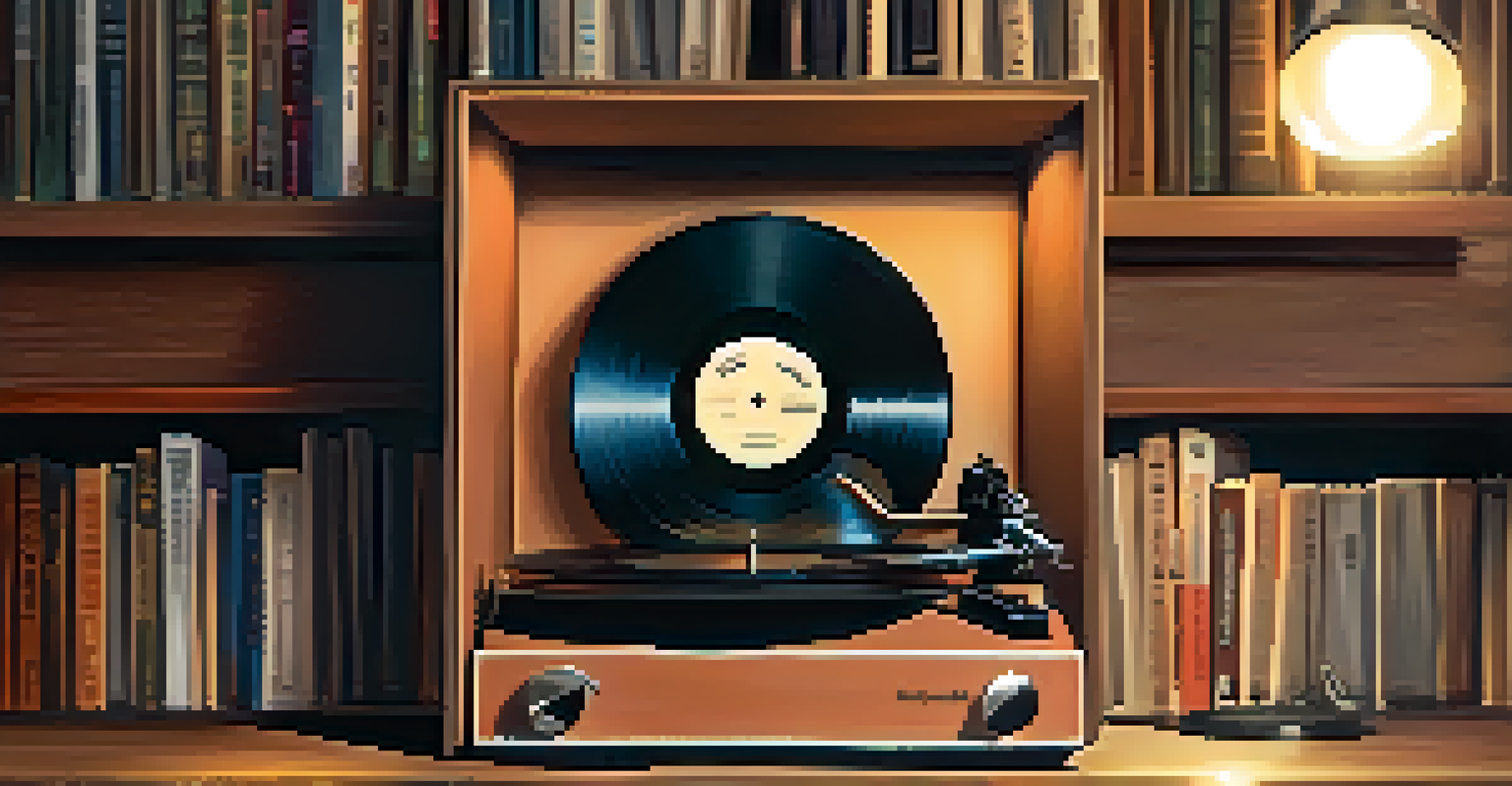 A close-up of a hand holding a vintage vinyl record, with a turntable and cozy ambiance in the background.