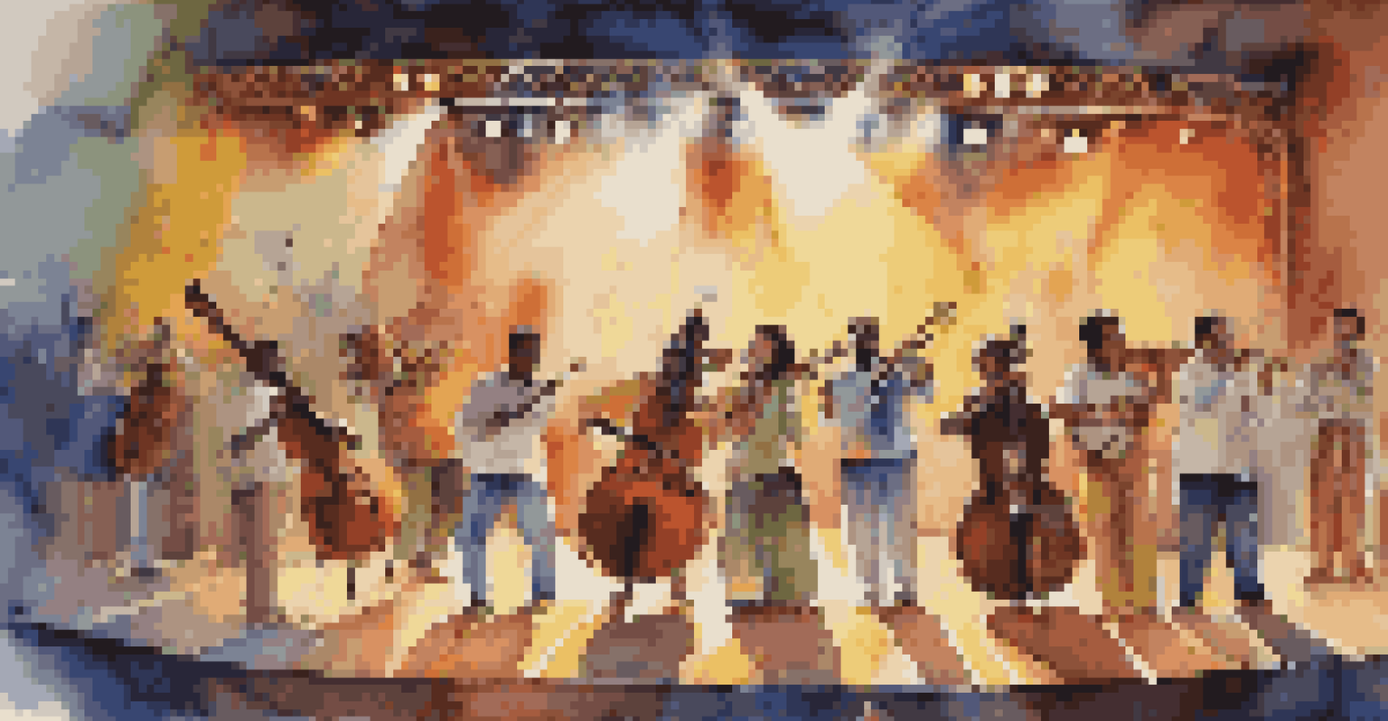 Artists from various cultural backgrounds performing together on stage, illuminated by colorful lights, showcasing a fusion of traditional and contemporary music.