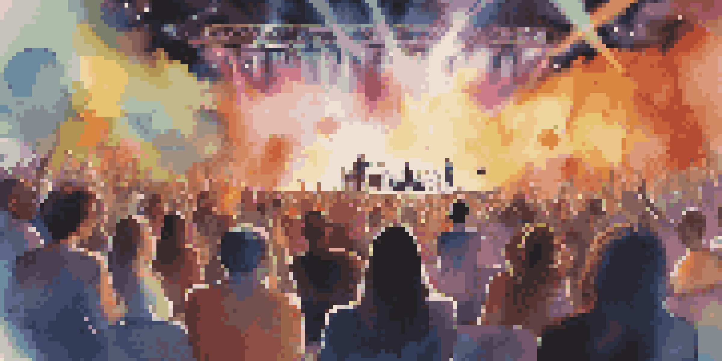 A virtual reality concert with a diverse audience, including individuals with disabilities, enjoying a live performance in a vibrant digital setting.