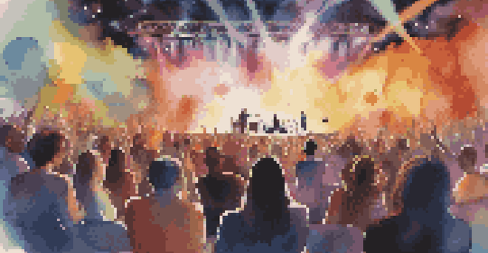 A virtual reality concert with a diverse audience, including individuals with disabilities, enjoying a live performance in a vibrant digital setting.