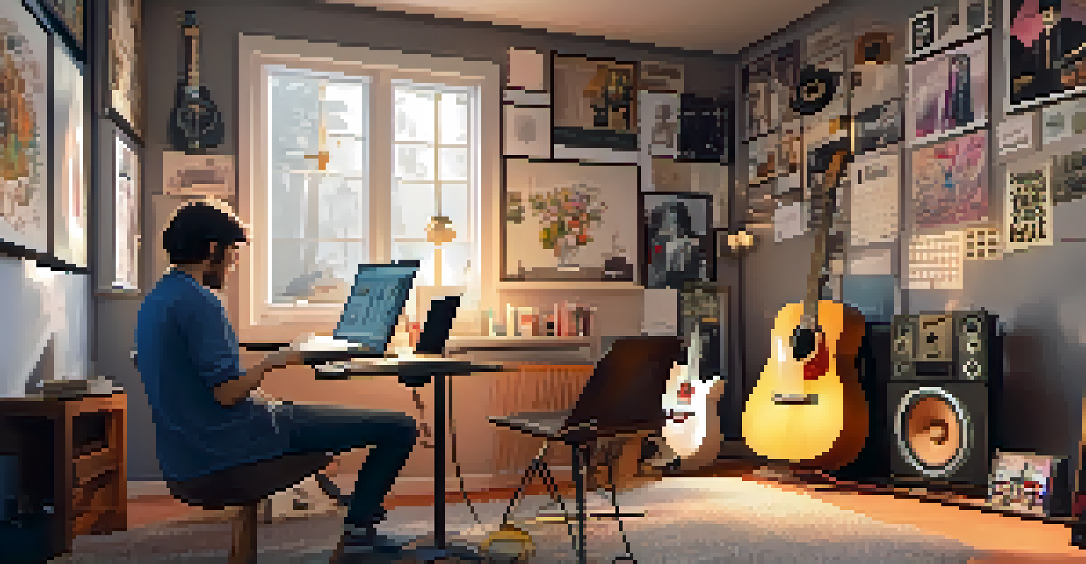 An artist experimenting with an AI music tool on a tablet in a cozy home studio, surrounded by musical decorations and instruments.