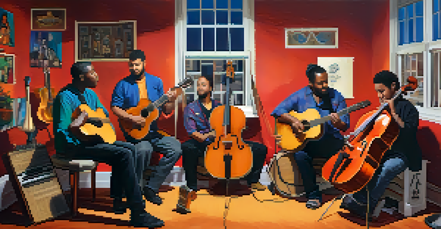 Musicians from diverse backgrounds collaborating in a studio, engaged with various instruments and a warm atmosphere.