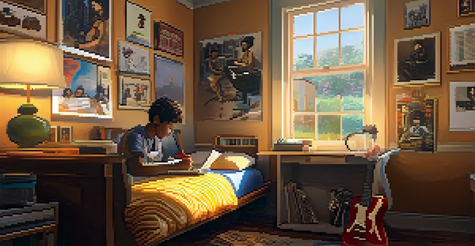 A young musician sitting at a desk in a cozy bedroom, writing lyrics in a notebook with sunlight filtering through the window.